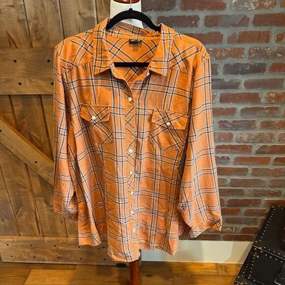 Torrid Taylor - Dusty Orange Plaid Twill Button-Up Shirt Front Pockets Size 4 - Picture 3 of 9